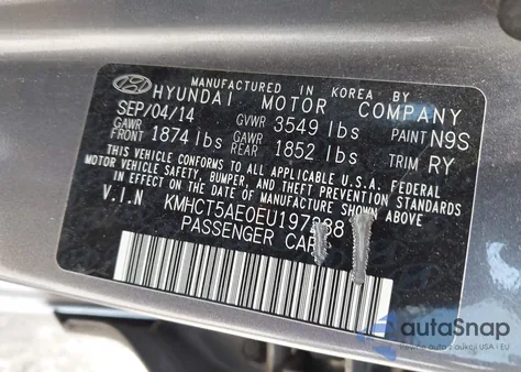 2014 Hyundai Accent Gs from USA, damaged, VIN KMHCT5AE0EU197288